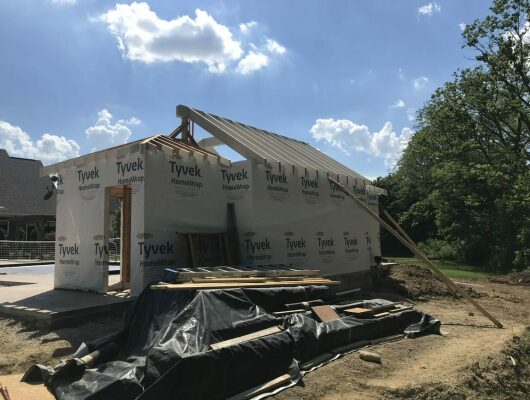 pool house framing with wrap