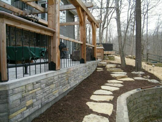side of patio with landscaping and rocks