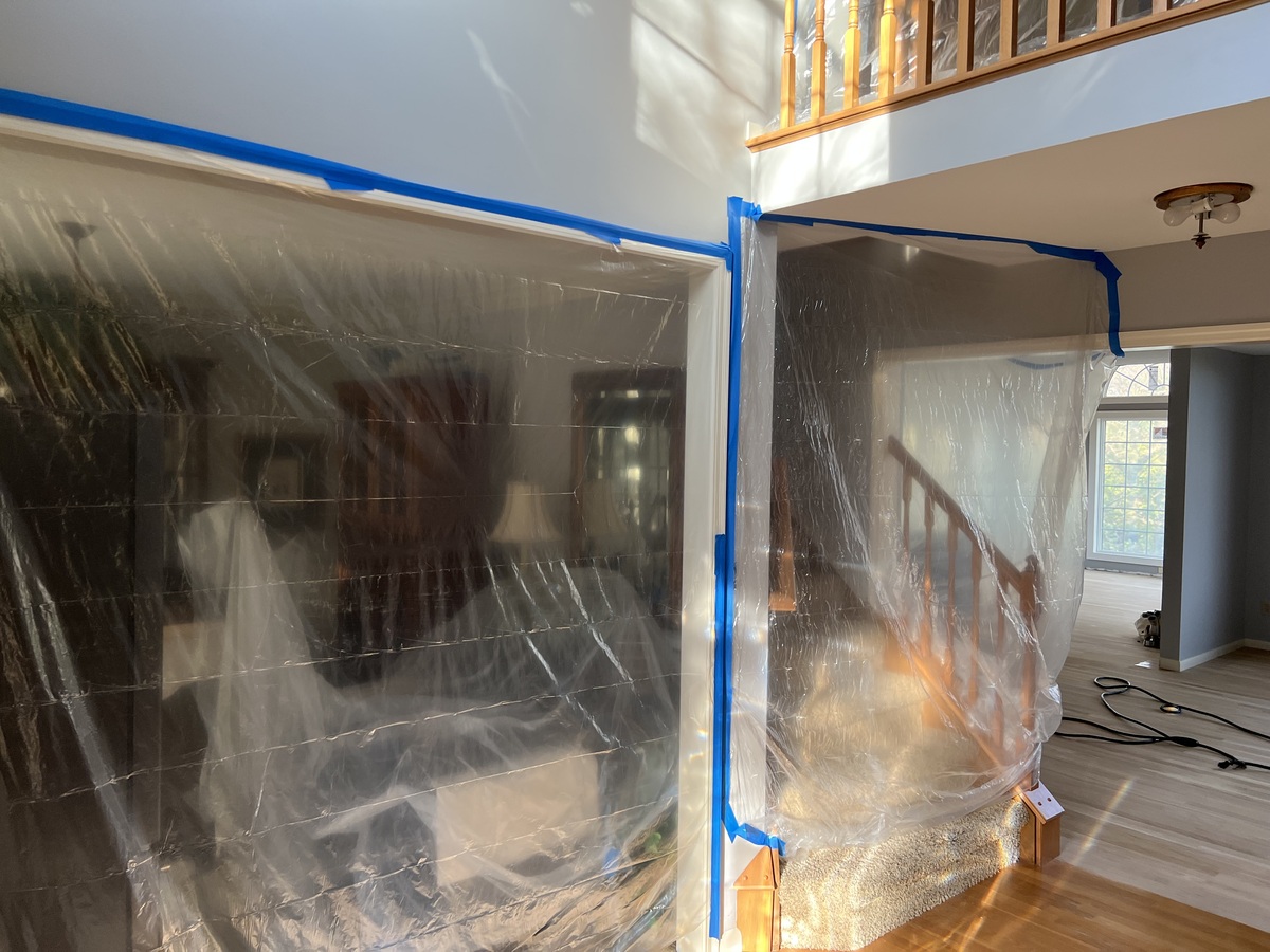 Protective plastic hung during a home renovation
