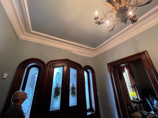 Repaired ornamental white plaster crown moulding