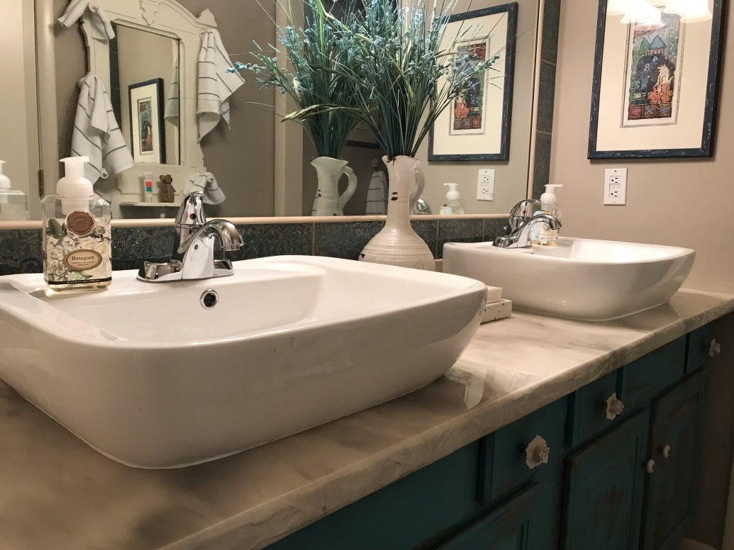 side view of two sinks on counter with plant